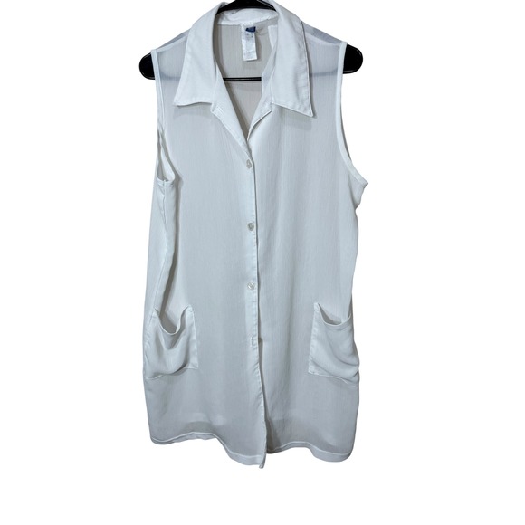 White Sleeveless Duster Top Christina Sheer Button Down Pockets - Picture 1 of 7
